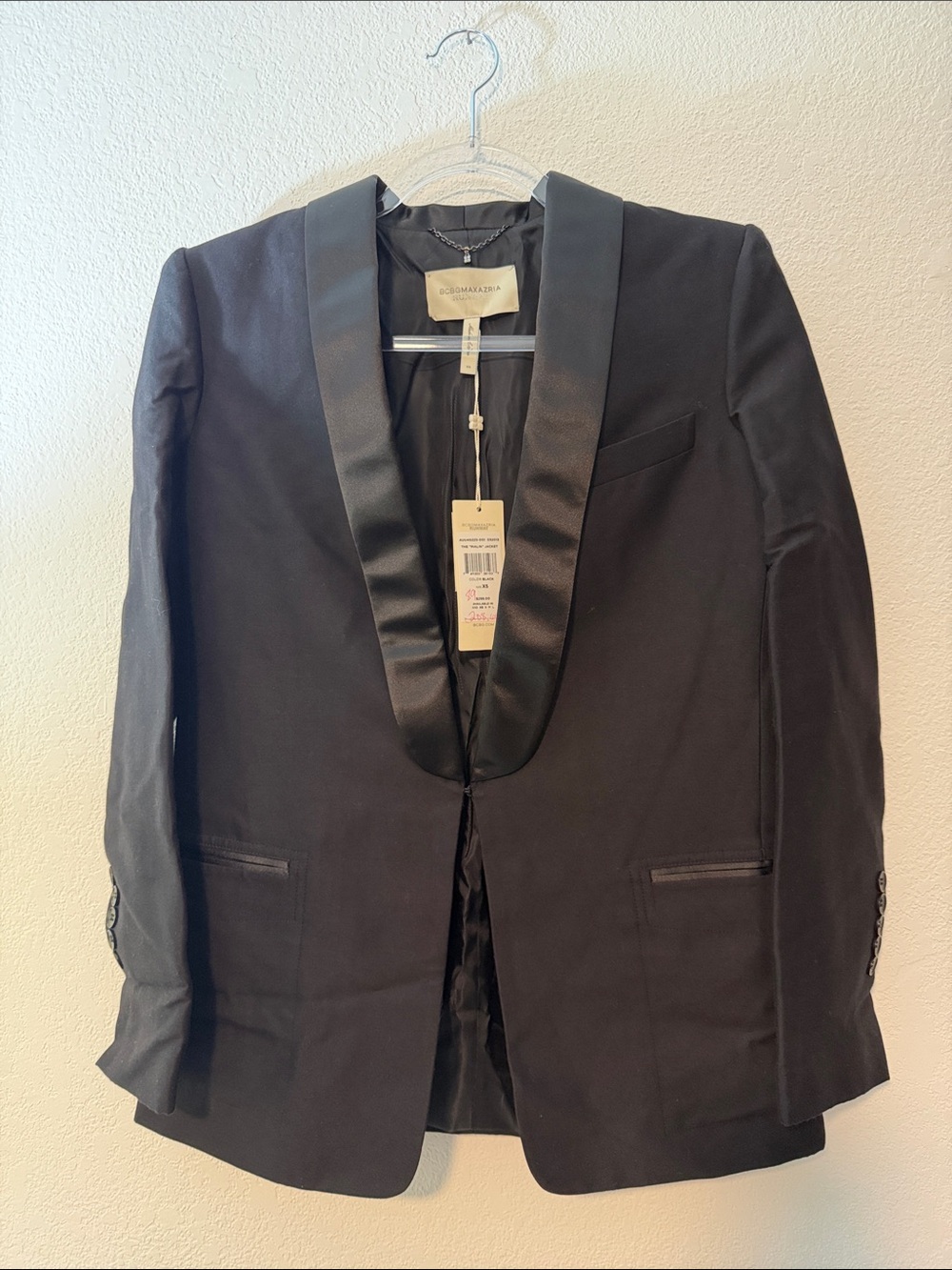 BCBGMaxAzria Black Satin Shawl Lapel Tuxedo Jacket